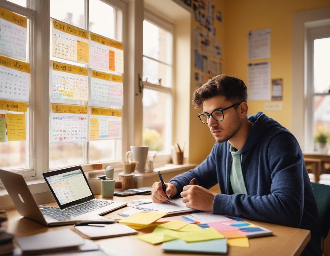 A focused student sitting at a desk with a laptop open, surrounded by study materials and a cup of coffee, looking confidently at the screen. A calendar filled with exam dates and tips nearby, with motivational quotes on sticky notes. Bright light streaming through a window, creating an inviting study atmosphere. super-realistic. vibrant colors. cozy background.
