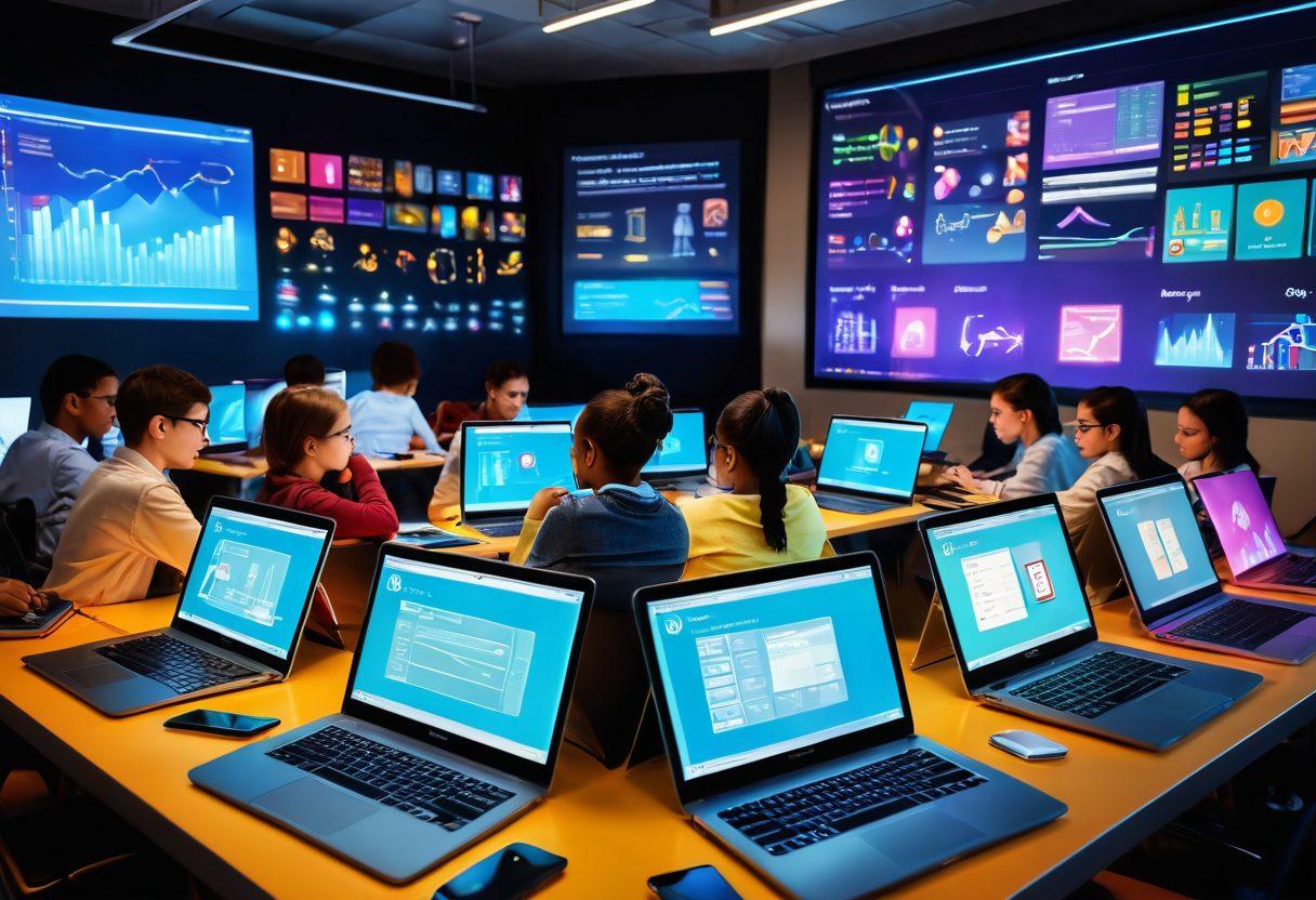 An inspiring digital classroom scene filled with diverse students engaging with various e-learning resources on laptops and tablets, colorful charts and interactive tools visible on screens, glowing educational icons floating around, a bright and welcoming atmosphere, symbolizing the fusion of technology and education. vibrant colors. super-realistic.